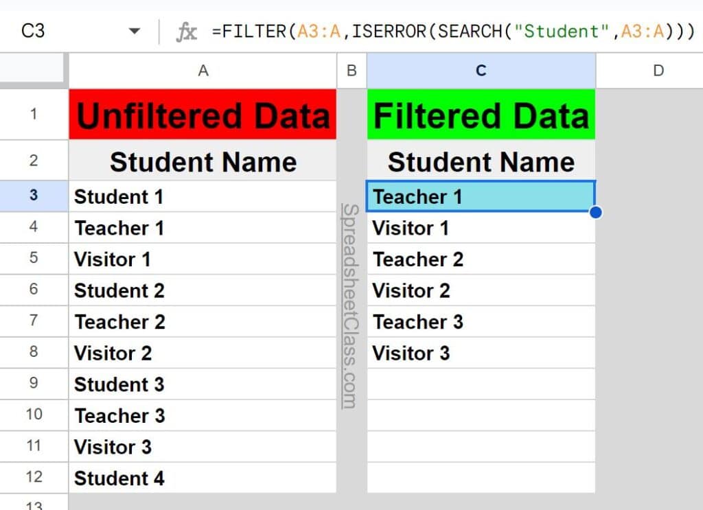 An example of how to filter where does not contain text in Google Sheets FILTER SEARCH