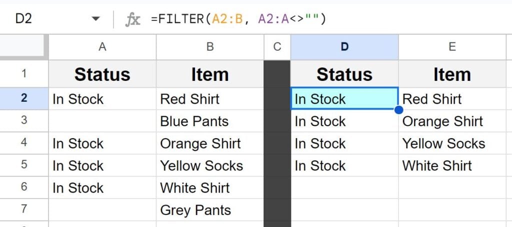 Example of filtering where not blank by using the not equal sign with the FILTER function in Google Sheets