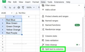 Example of the Google Sheets "Split text to columns" option to split text into columns and combine columns again