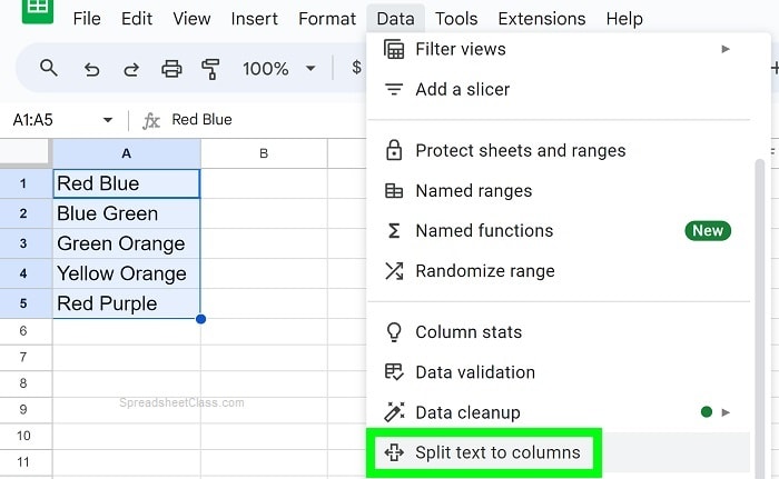 Example of the Google Sheets "Split text to columns" option to split text into columns and combine columns again