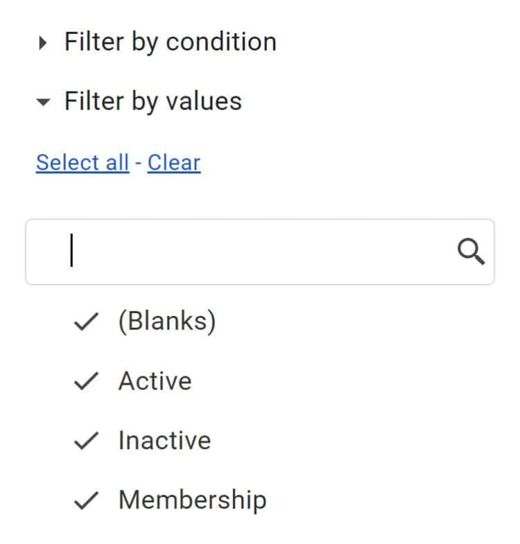 Google Sheets filter menu all criteria selected by default before