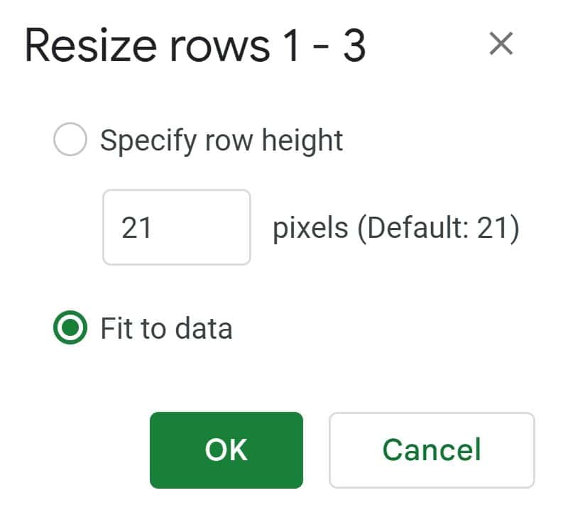Example of the "fit to data" / autofit option in the resize rows menu in Google Sheets to make row height fit text automatically