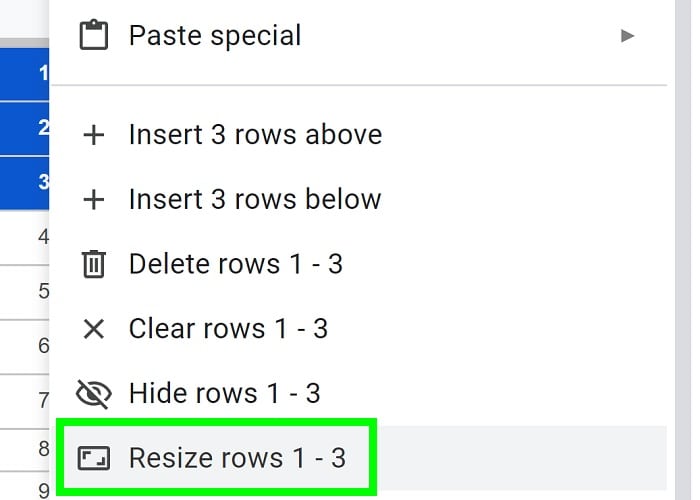 Example of the Google Sheets resize rows menu in Google Sheets to change row height