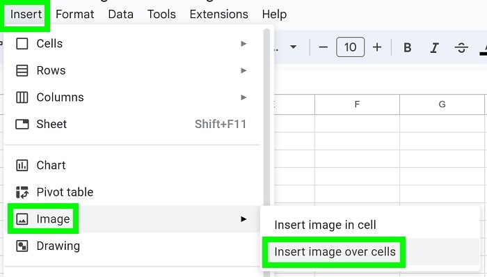 Example of How to insert an image over the cells in Google Sheets