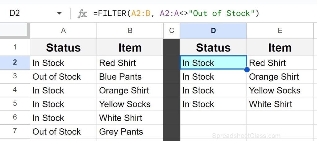 Example of filtering where not equal by using the not equal sign with the FILTER function in Google Sheets