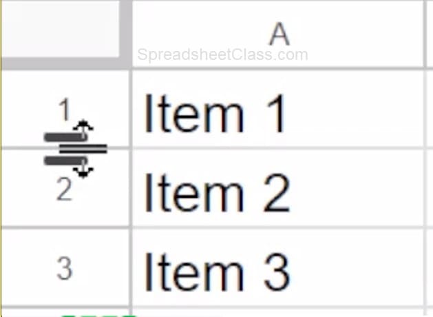 Example of the double headed arrow when changing row height in Google Sheets
