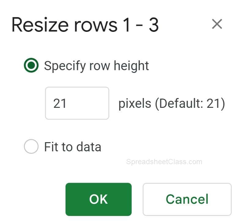 Example of specifying row height in pixels in the resize rows menu in Google Sheets