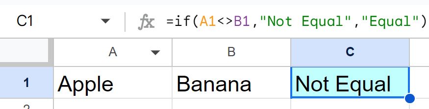 Example of using the not equal sign with the IF function in Google Sheets