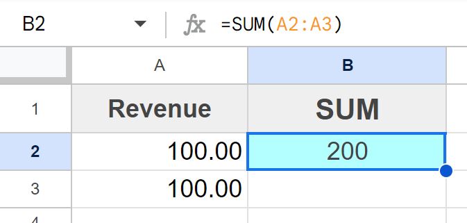 Example After fixing the SUM function error by formatting the data as numbers in Google Sheets