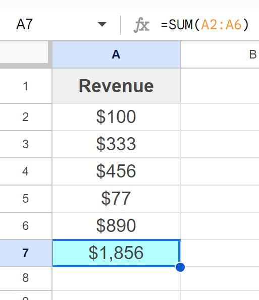 Example After fixing the SUM function error by removing the circular dependency in Google Sheets