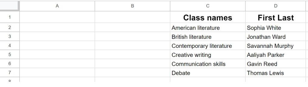 Example After inserting multiple columns in Google Sheets