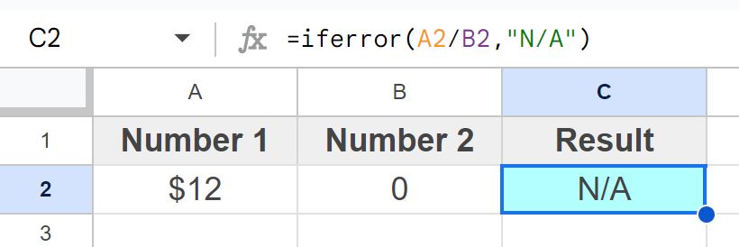 A Basic example of handling the divide by zero error in Google Sheets after handling the error with the IFERROR function