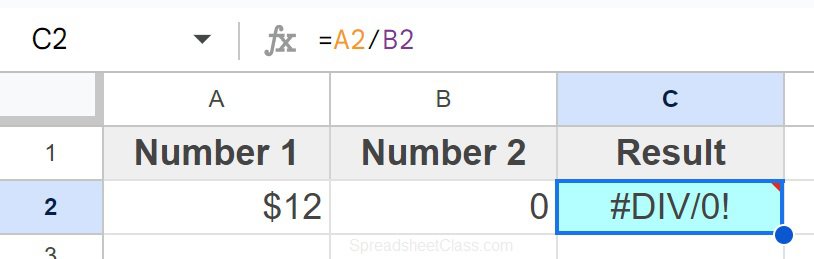 A Basic example of handling the divide by zero #DIV/0! error in Google Sheets before handling the error