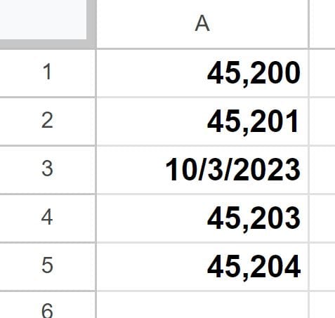 Example of Before removing date format by converting to number format in Google Sheets