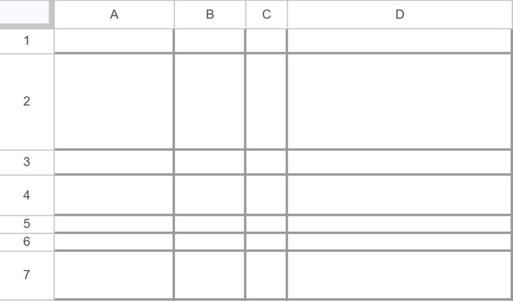 Example of Cells of varying size in Google Sheets before making cells the same size