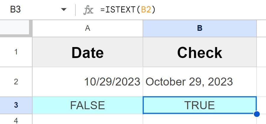 Example of Checking if a date is text or not in Google Sheets