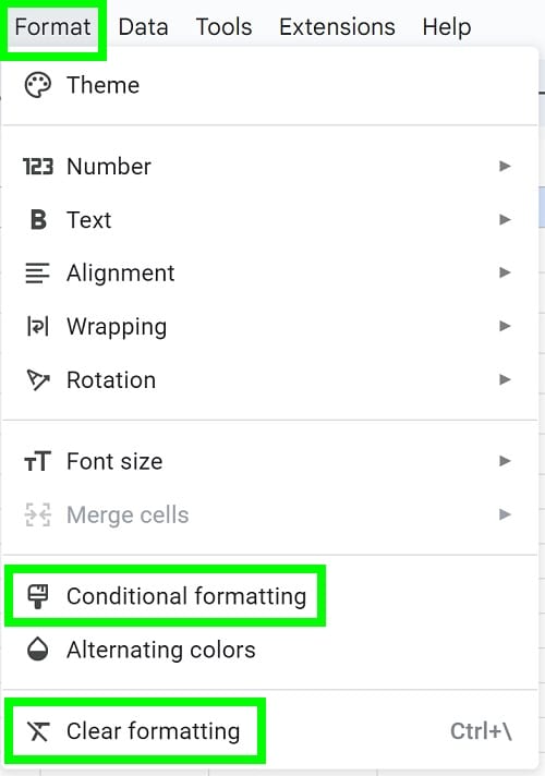 Example of Choosing either conditional formatting or clear formatting to remove conditional formatting in Google Sheets