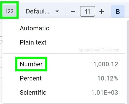 Example of Choosing number format in the more formats menu in Google Sheets