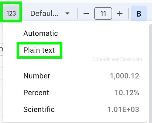 Example of Choosing plain text format in the more formats menu in Google Sheets