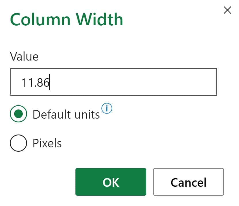 Example of Column width by pixel or default units option in Excel