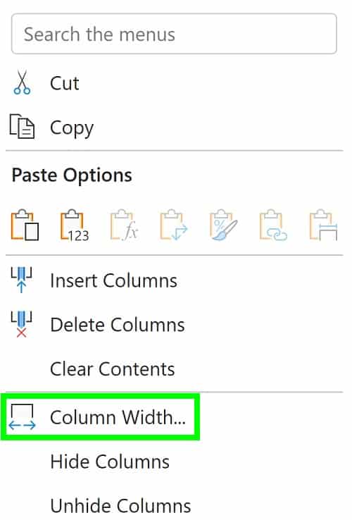 Example of Column width menu option in Excel Right Click Method
