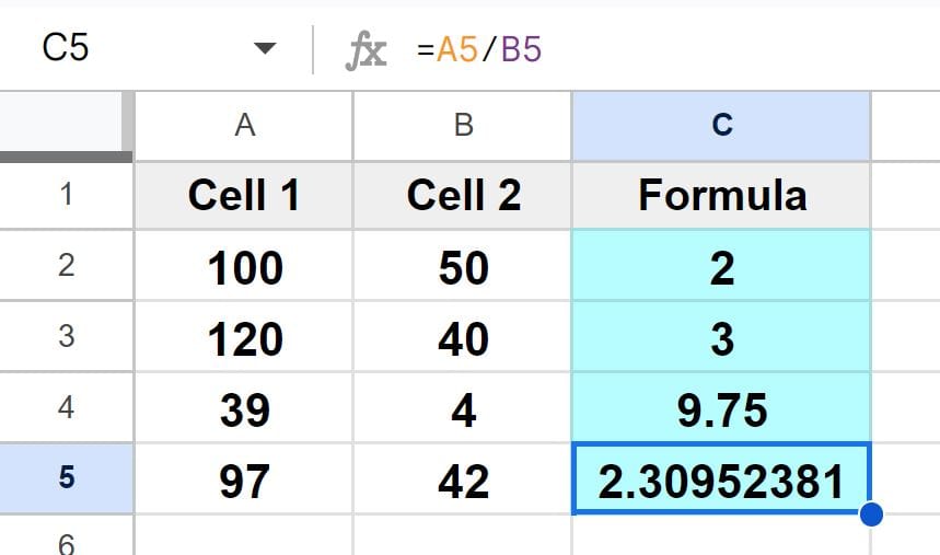 Example of Copying division formula down the column with autofill part 2 after copying formula and cell references adjusted