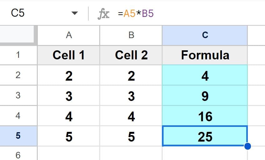 Example of Copying multiplication formula down the column with autofill part 2 after copying formula and cell references adjusted