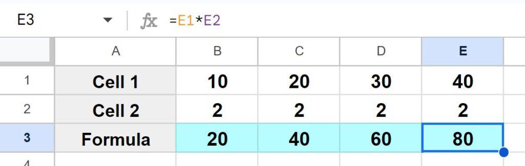 Example of Copying multiplication formula into a row with autofill part 2 after copying formula and cell references adjusted