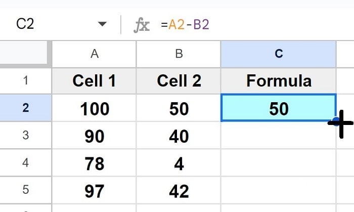 Example of Copying subtraction formula down the column with autofill part 1 initial formula and fill handle showing