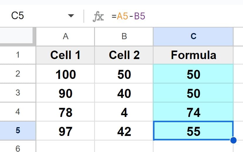 Example of Copying subtraction formula down the column with autofill part 2 after copying formula and cell references adjusted