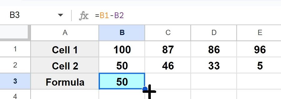 Example of Copying subtraction formula into a row with autofill part 1 initial formula and fill handle showing