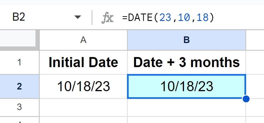 Example of DATE function basic example in Google Sheets numbers only
