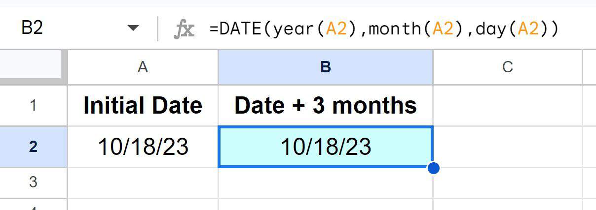 Example of DATE function cell reference example in Google Sheets