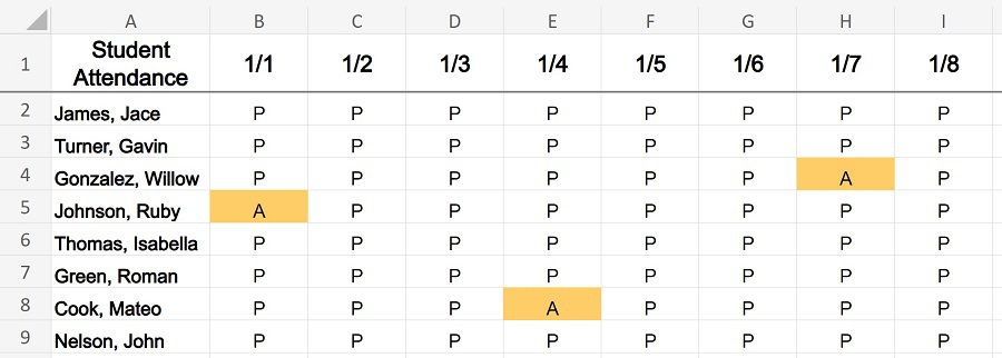 Example of Daily student attendance data in Excel- Before spacing multiple columns