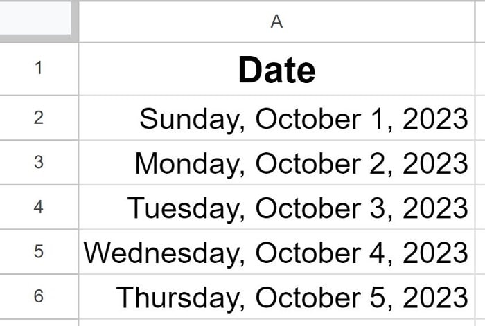 Example of Date with day of week and month in text in Google Sheets custom date format