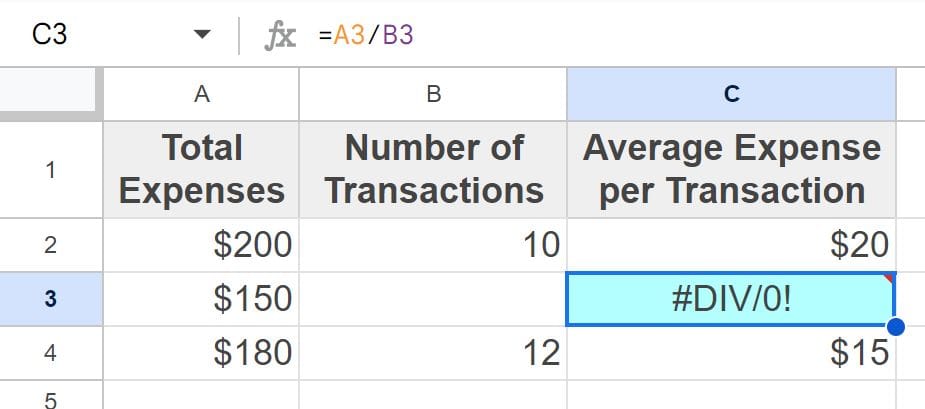 Example of the Divide by zero error example when dividing in Google Sheets