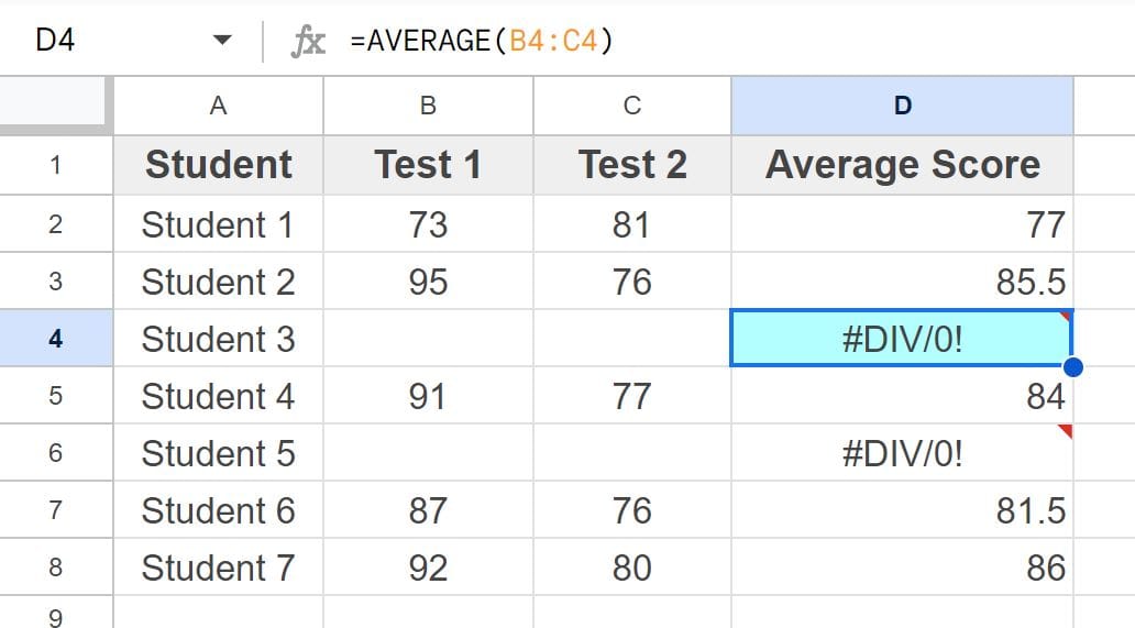 Example of the Divide by zero error example when using the AVERAGE function in Google Sheets