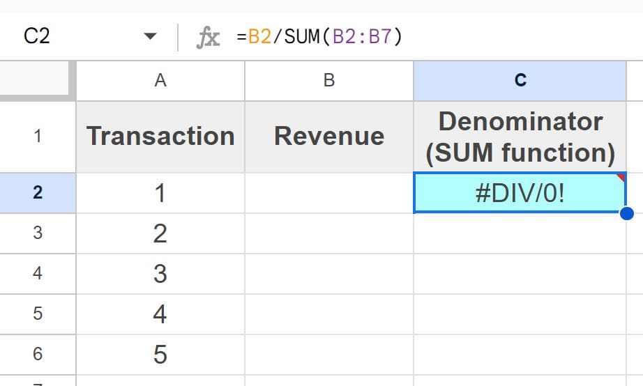 Example of the Divide by zero error when dividing by the SUM function in Google Sheets