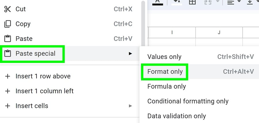 Example of Example of choosing Format only in the paste special menu in Google Sheets