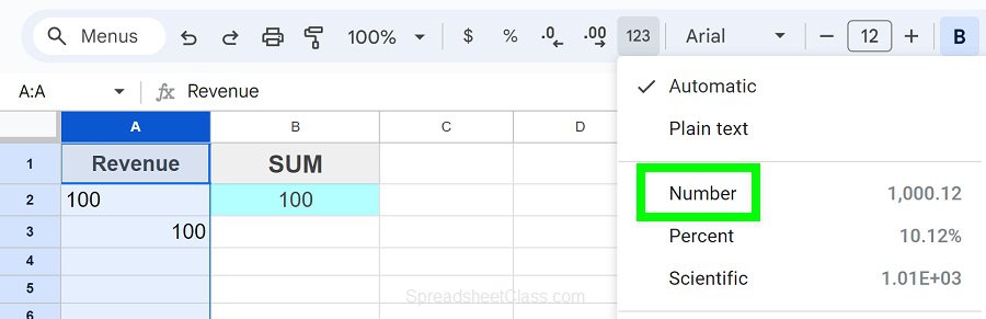 Example of Fixing the SUM function error by formatting the data as numbers in Google Sheets