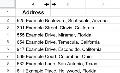Example of Google Sheets double headed arrow when changing column width in Google Sheets