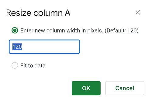 Example of Google Sheets enter new column width in pixels in the resize columns menu