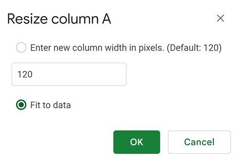 Example of Google Sheets fit to data autofit in the resize columns menu