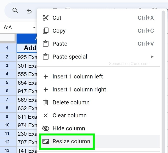 Example of Google Sheets resize columns menu