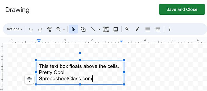 Example of How to add a text box in Google Sheets (in the drawing menu)