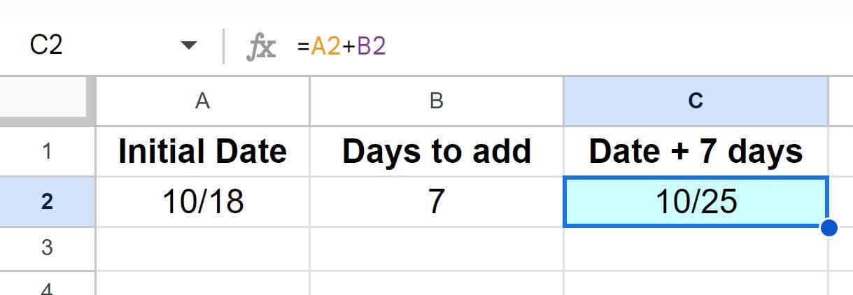 Example of How to add days to a date in Google Sheets by using cell references