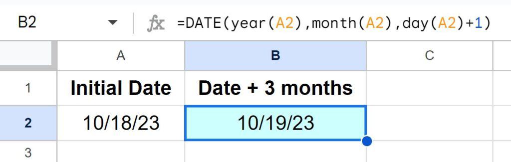 Example of How to add days to a date in Google Sheets with the DATE function