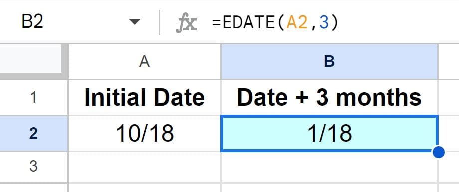 Example of How to add months to a date in Google Sheets with the EDATE function
