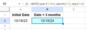 Example of How to add years to a date in Google Sheets with the DATE function