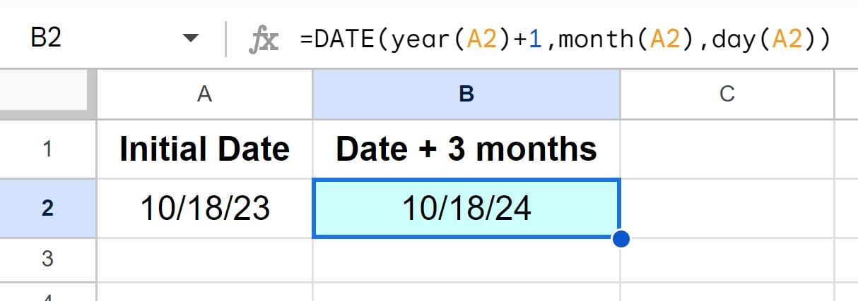 Example of How to add years to a date in Google Sheets with the DATE function
